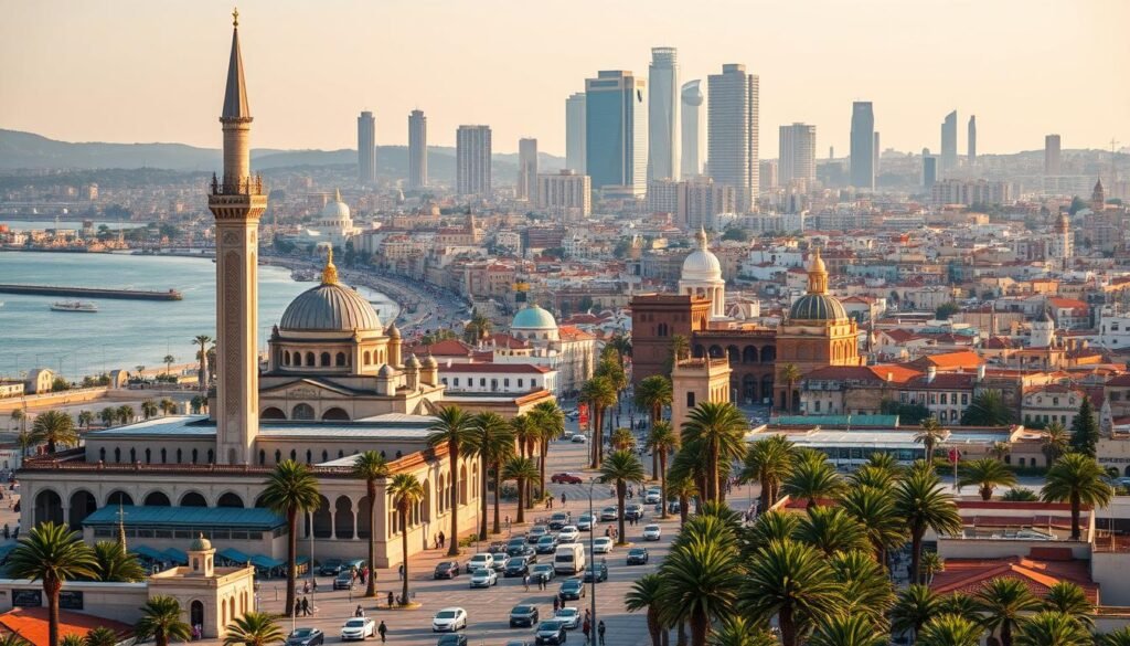 A bustling cityscape of Casablanca, showcasing its main attractions. In the foreground, the grand Hassan II Mosque stands tall, its intricate architecture and towering minaret commanding attention. In the middle ground, the Corniche promenade comes into view, flanked by palm trees and ocean views. The historic Old Medina with its winding alleyways and vibrant markets fills the background, while the modern skyscrapers of the city's financial district rise up in the distance, creating a striking contrast between tradition and modernity. The scene is bathed in warm, golden light, capturing the essence of Casablanca as a dynamic and culturally rich destination.