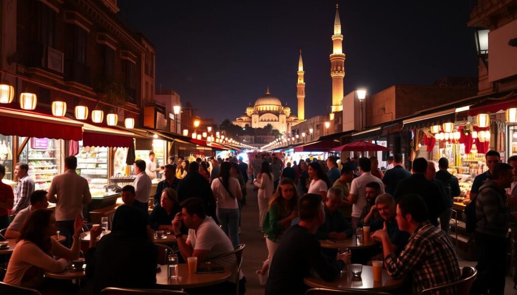 A bustling night scene in Casablanca's vibrant Medina, illuminated by warm, neon-tinged streetlights. In the foreground, locals and tourists mingle at open-air cafes, sipping mint tea and chatting animatedly. The middle ground features a lively outdoor market, its stalls overflowing with spices, textiles, and handcrafted goods. In the background, the iconic Hassan II Mosque rises majestically, its towering minaret a beacon against the inky night sky. The atmosphere is electric, blending the rhythms of traditional Moroccan music with the hum of conversation and the occasional honk of a passing car. An immersive, evocative depiction of Casablanca's vibrant nocturnal energy.